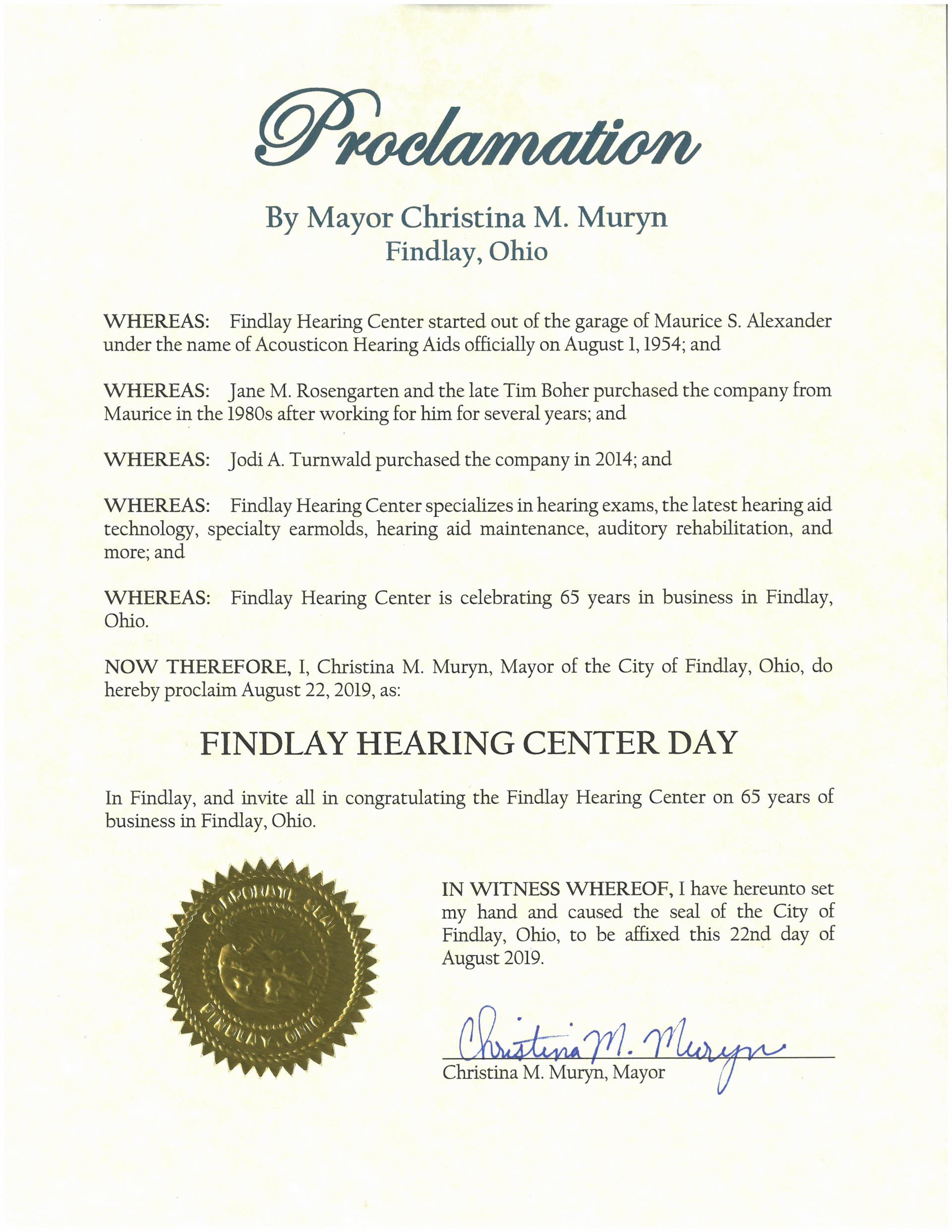 2019.08.22.Findlay Hearing Center Day Proclamation