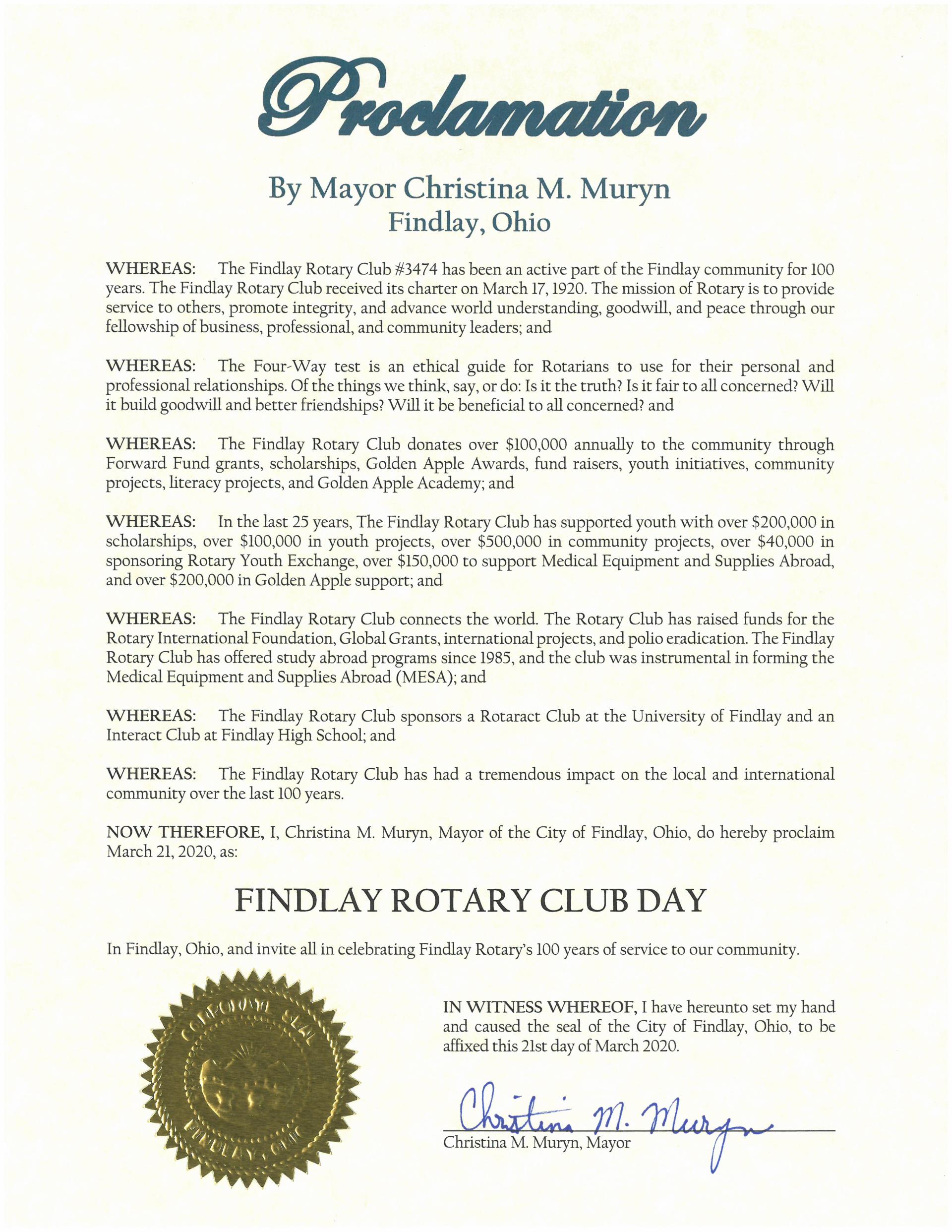 2020.03.21.Findlay Rotary Club Day Proclamation