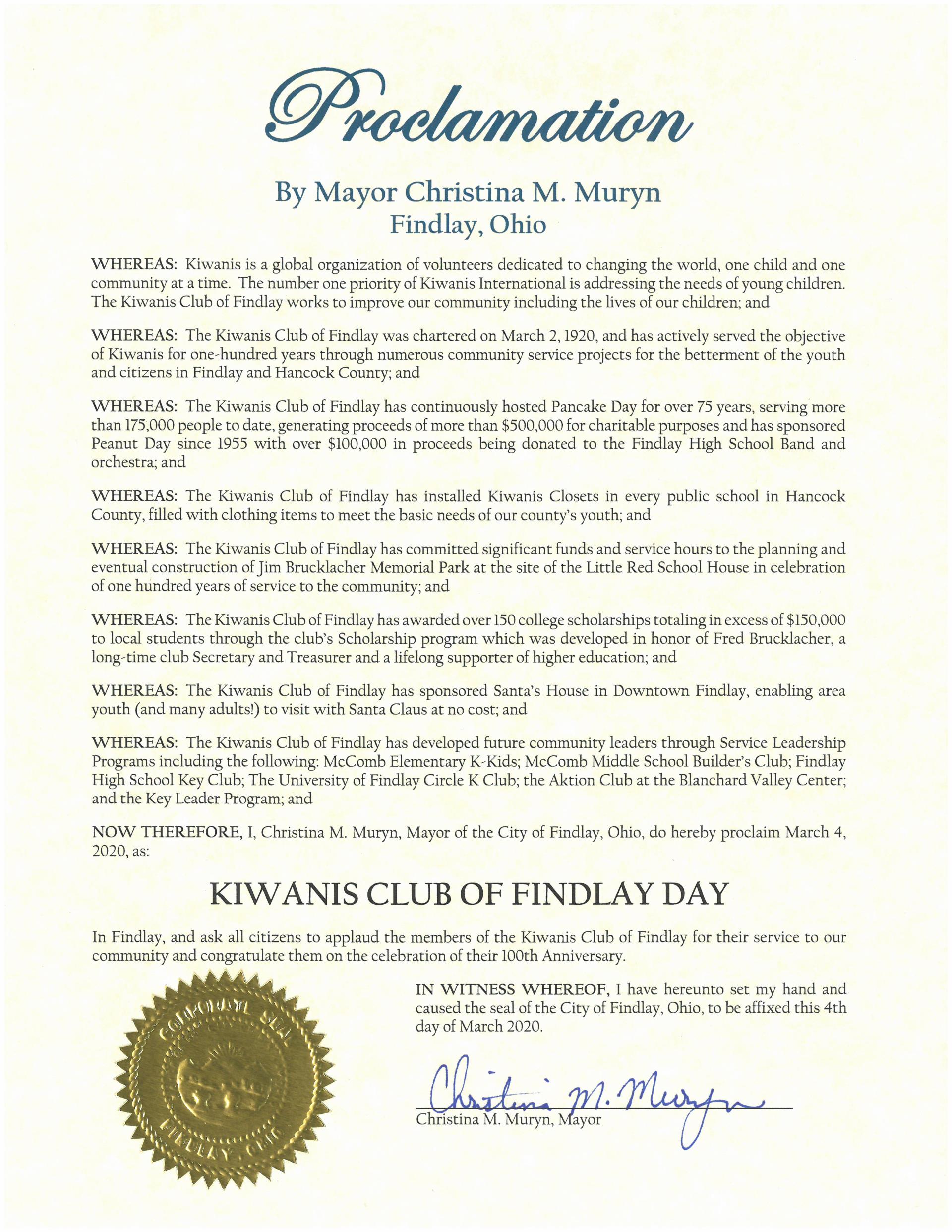 2020.03.04.Kiwanis Club of Findlay Day Proclamation