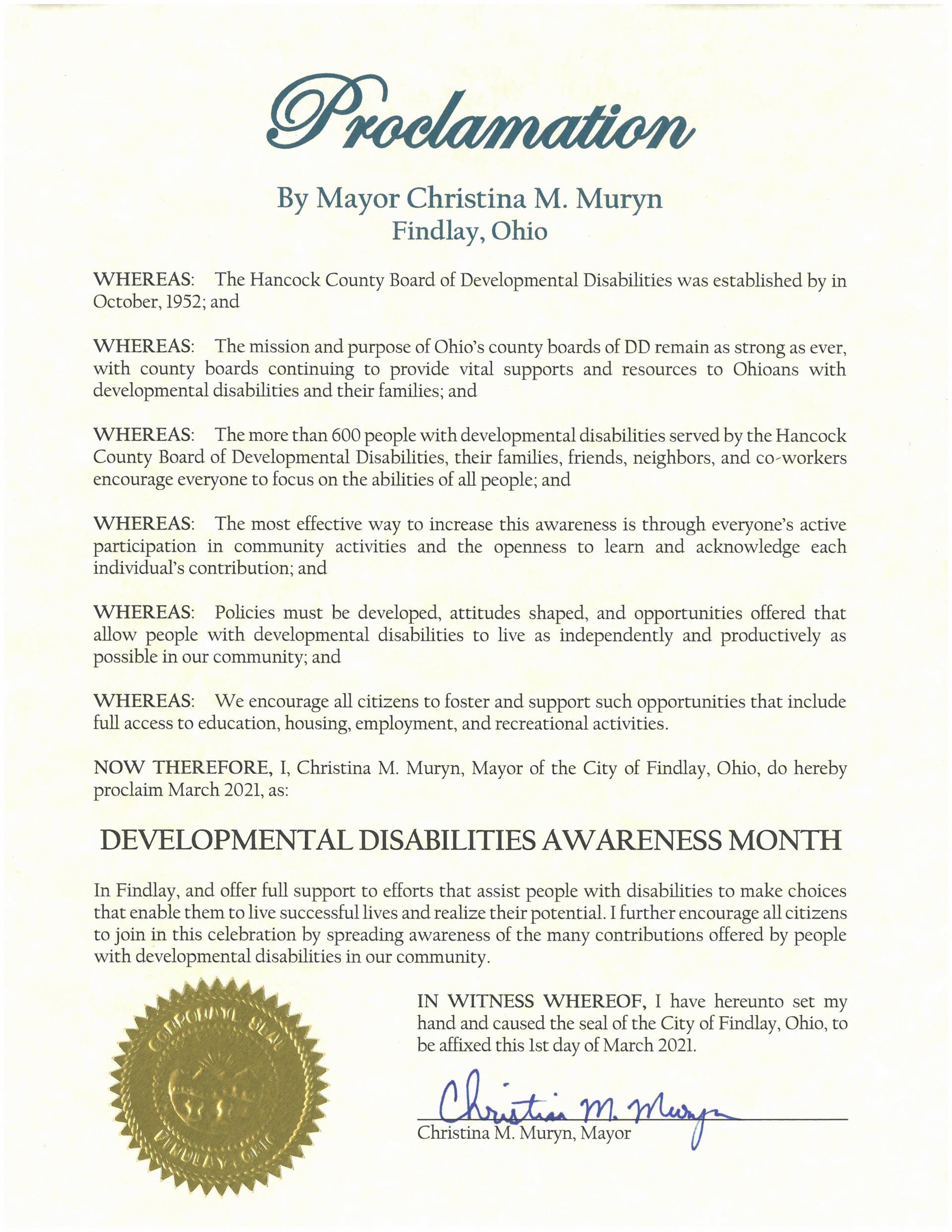 2021.03.Developmental Disabilities Awareness Month Proclamation