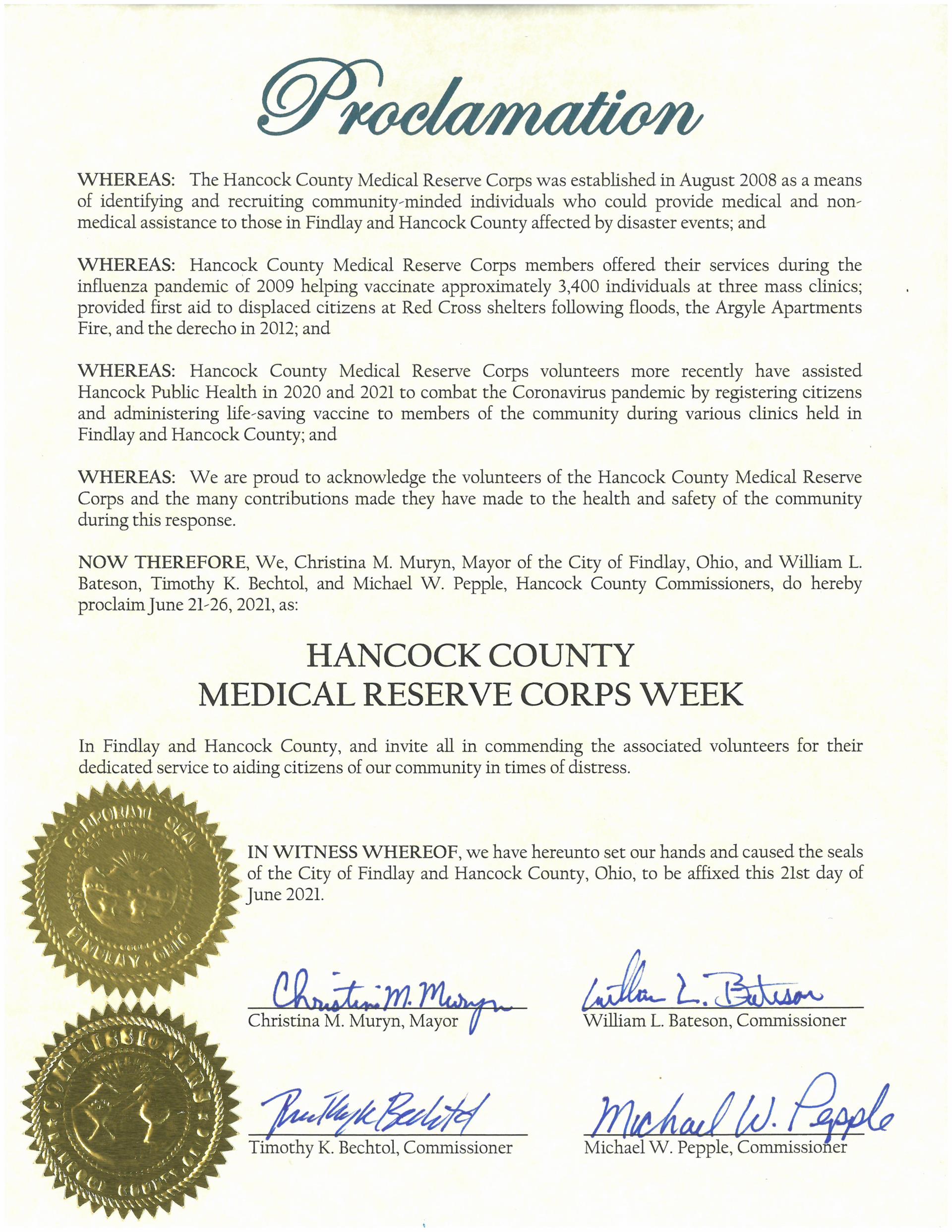 2021.06.21.Hancock County Medical Reserve Corps Week Proclamation