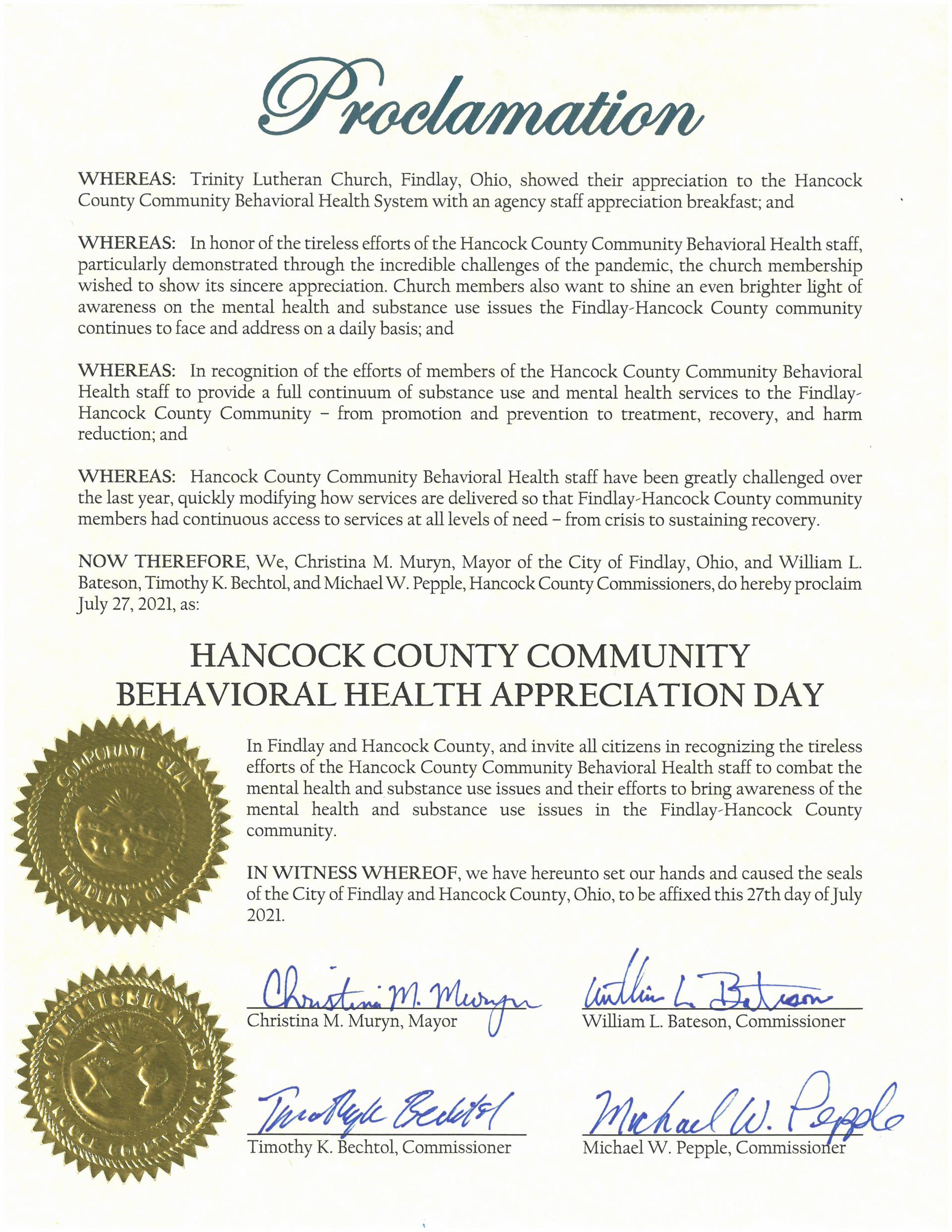 2021.07.27.Hancock County Community Behavioral Health Appreciation Day Proclamation