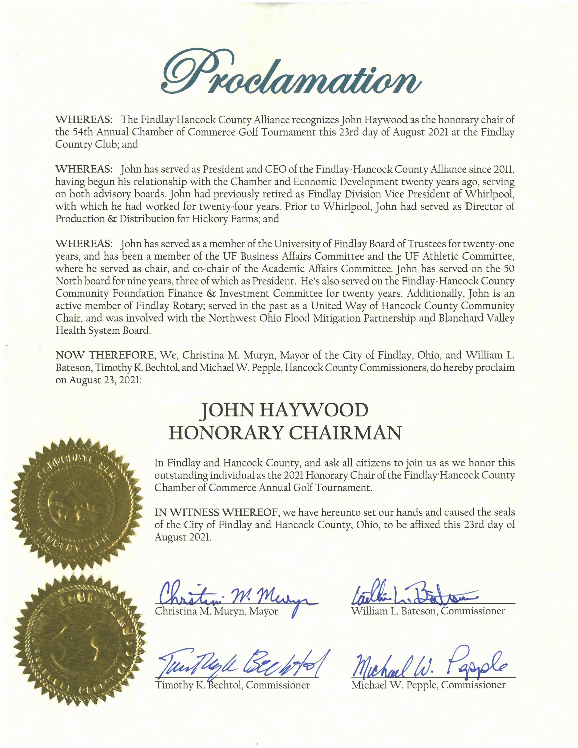 2021.08.23.John Haywood.Honorary Chairman Proclamation