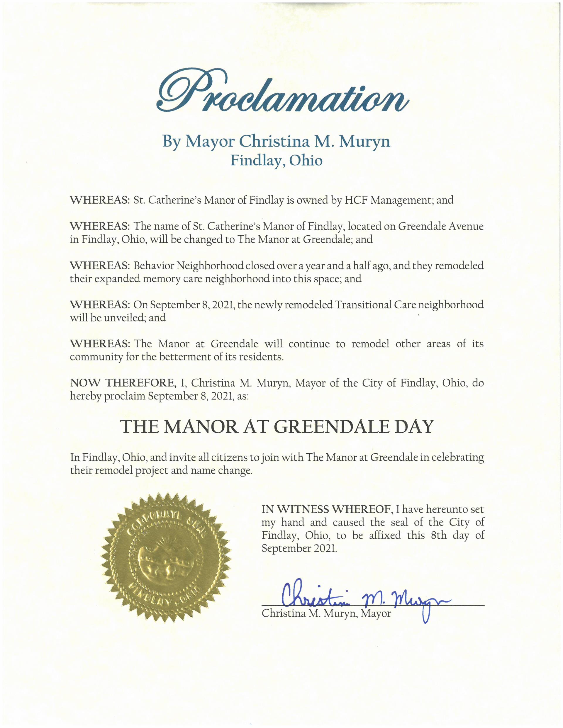 2021.09.08.The Manor at Greendale Day Proclamation