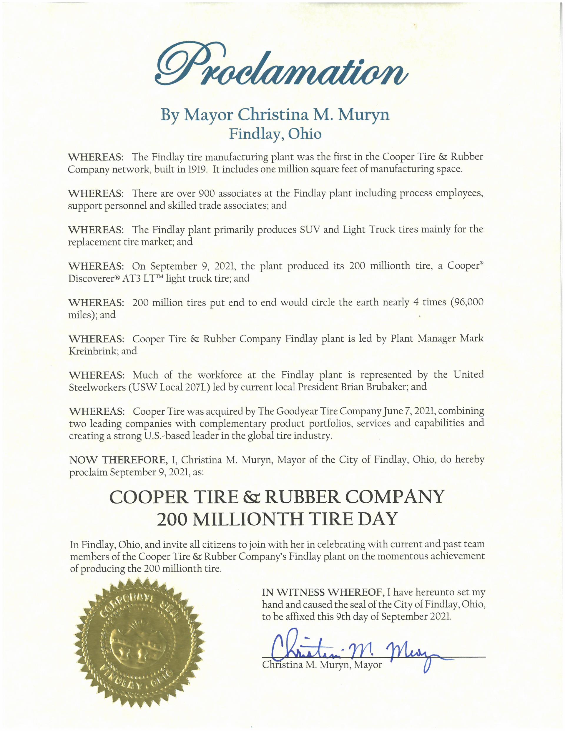 2021.09.09.Cooper Tire 200 Millionth Tire Day Proclamation