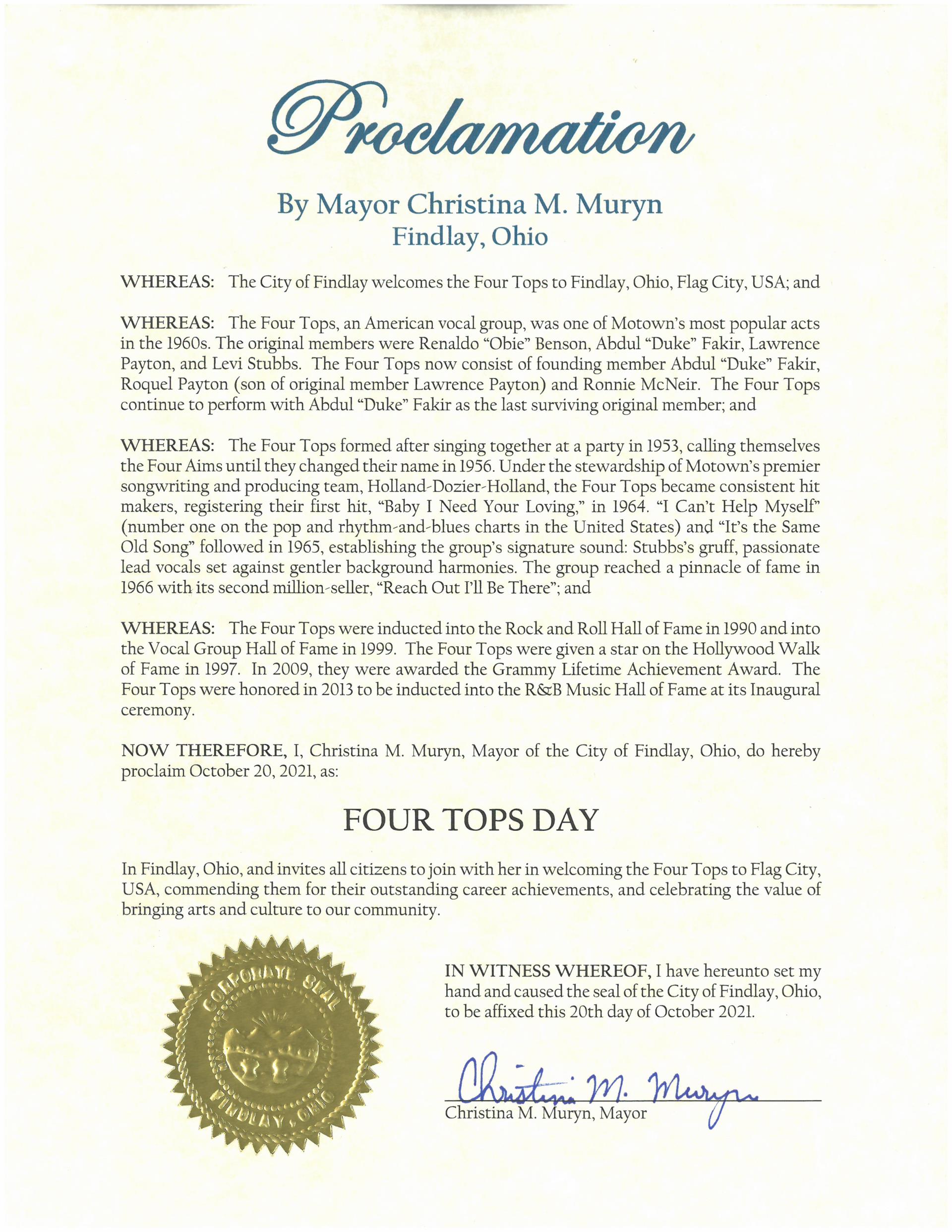 2021.10.21.Four Tops Day Proclamation