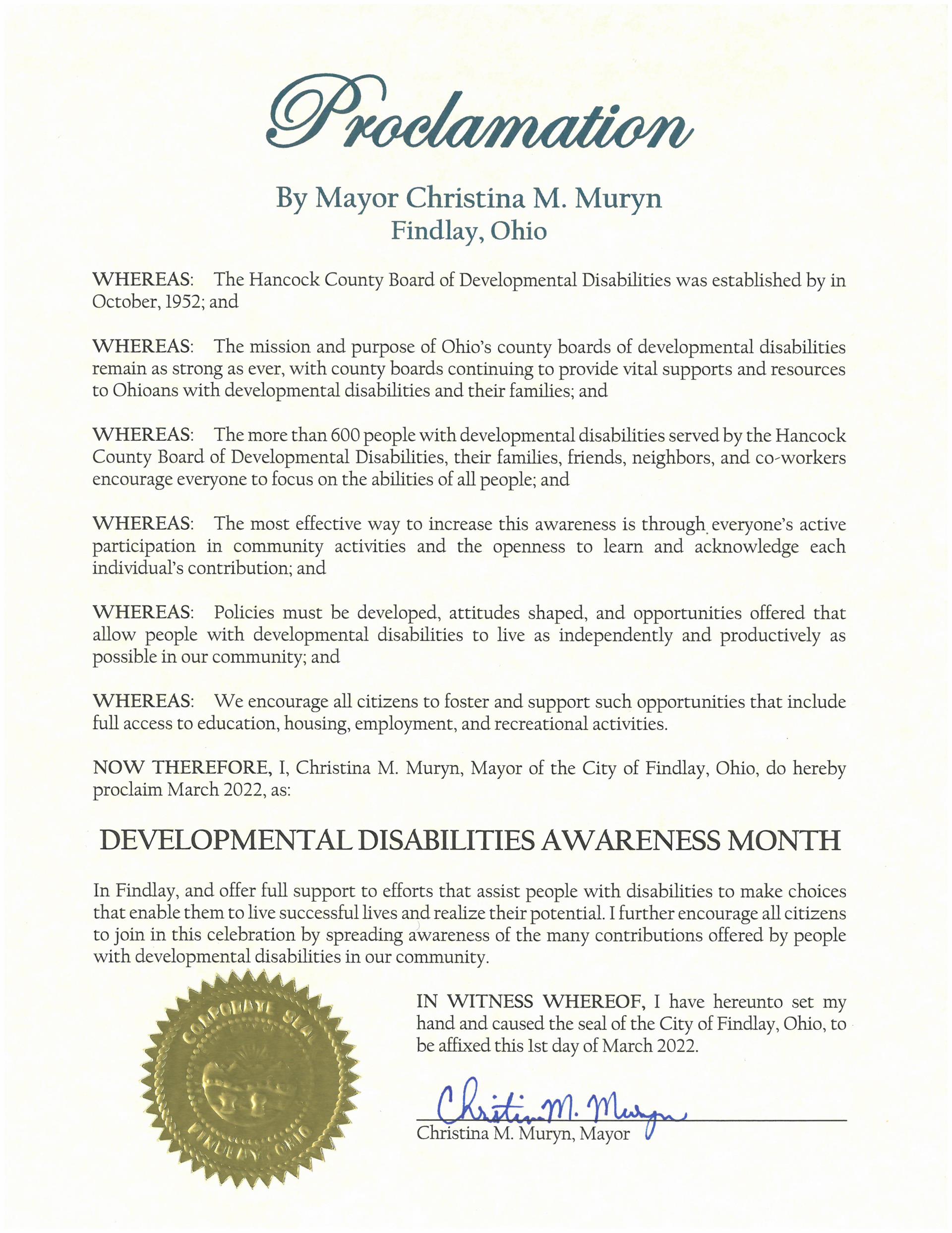 2022.03.Development Disabilities Awareness Month Proclamation