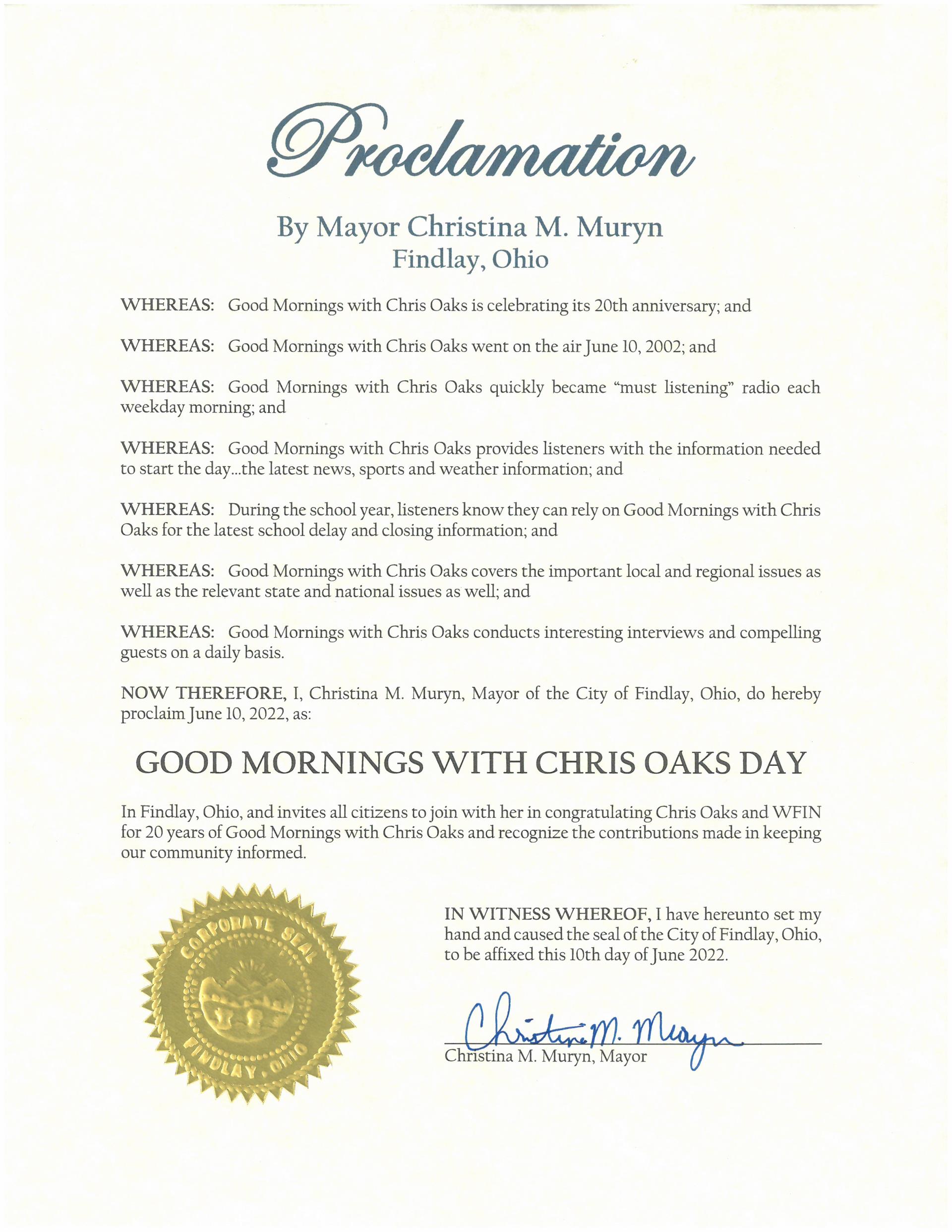 2022.06.10.Good Mornings with Chris Oaks Day Proclamation