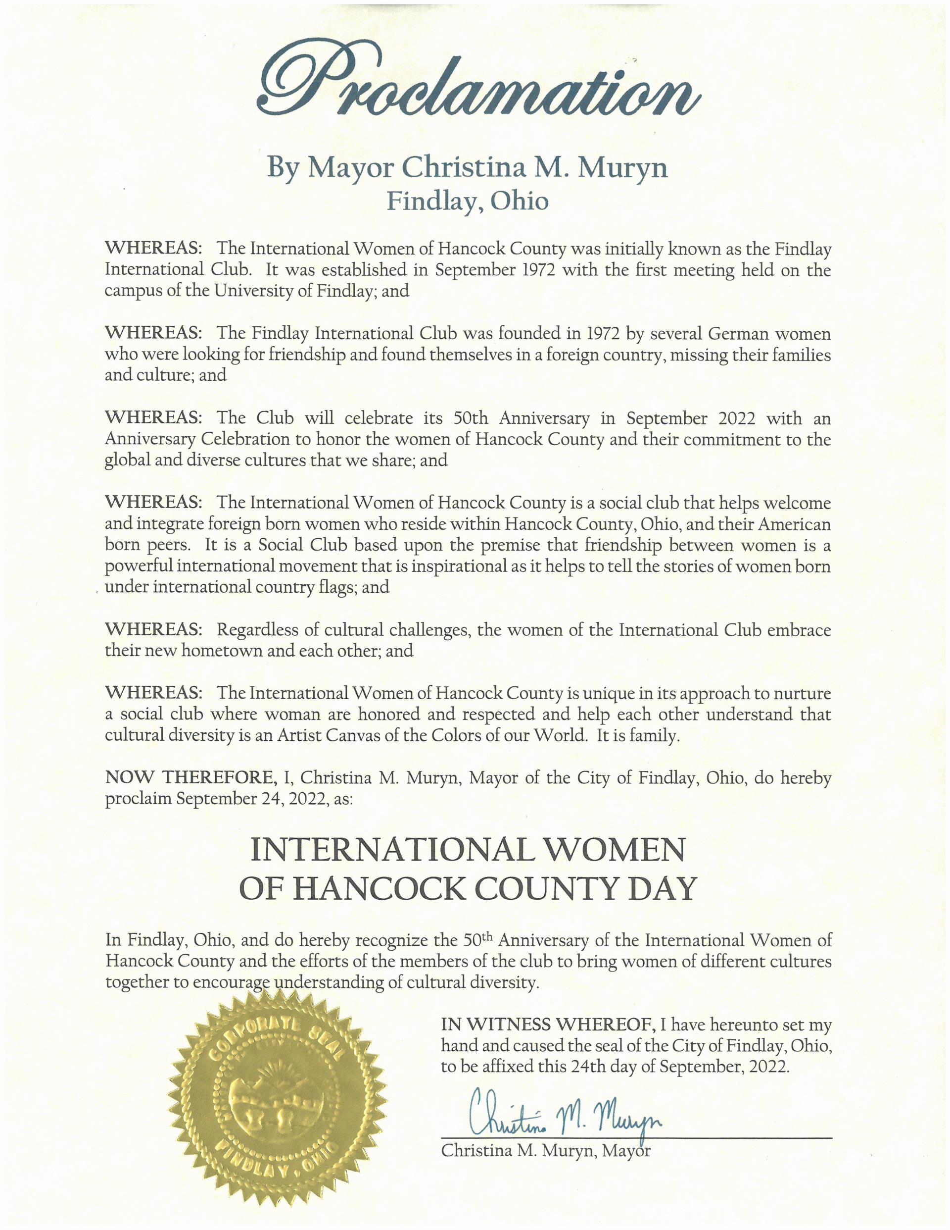 2022.09.24.International Women of Hancock County Day Proclamation