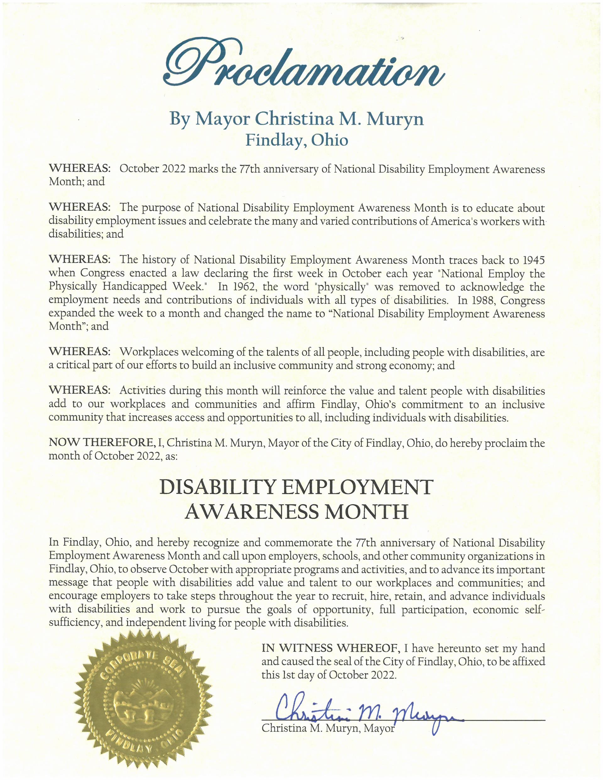 2022.10.Disability Employment Awareness Month Proclamation