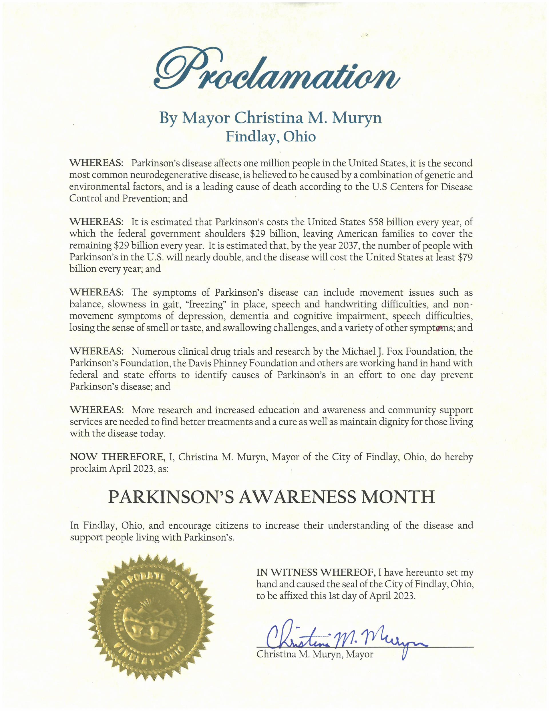 2023.04.Parkinson's Awareness Month Proclamation