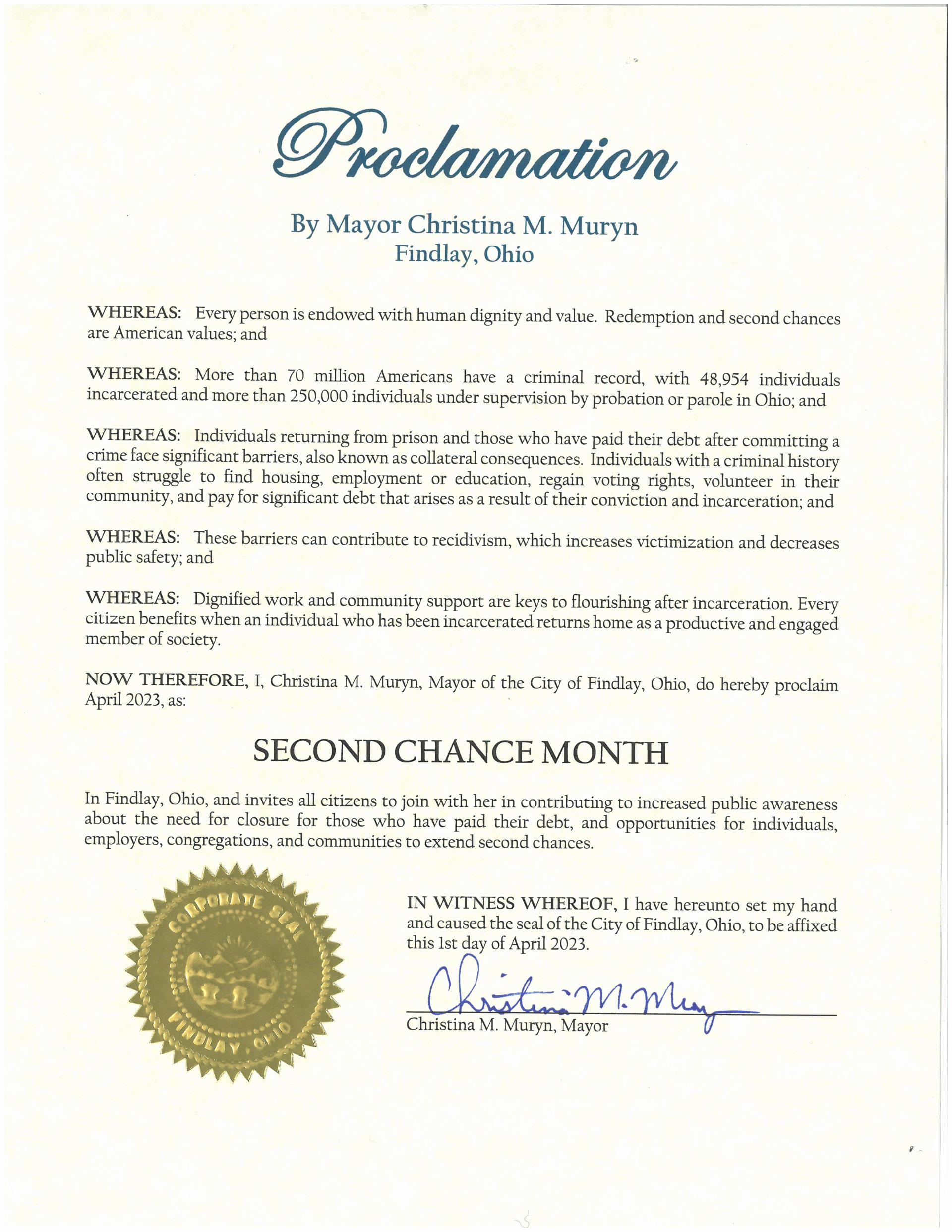 2023.04.Second Chance Month Proclamation