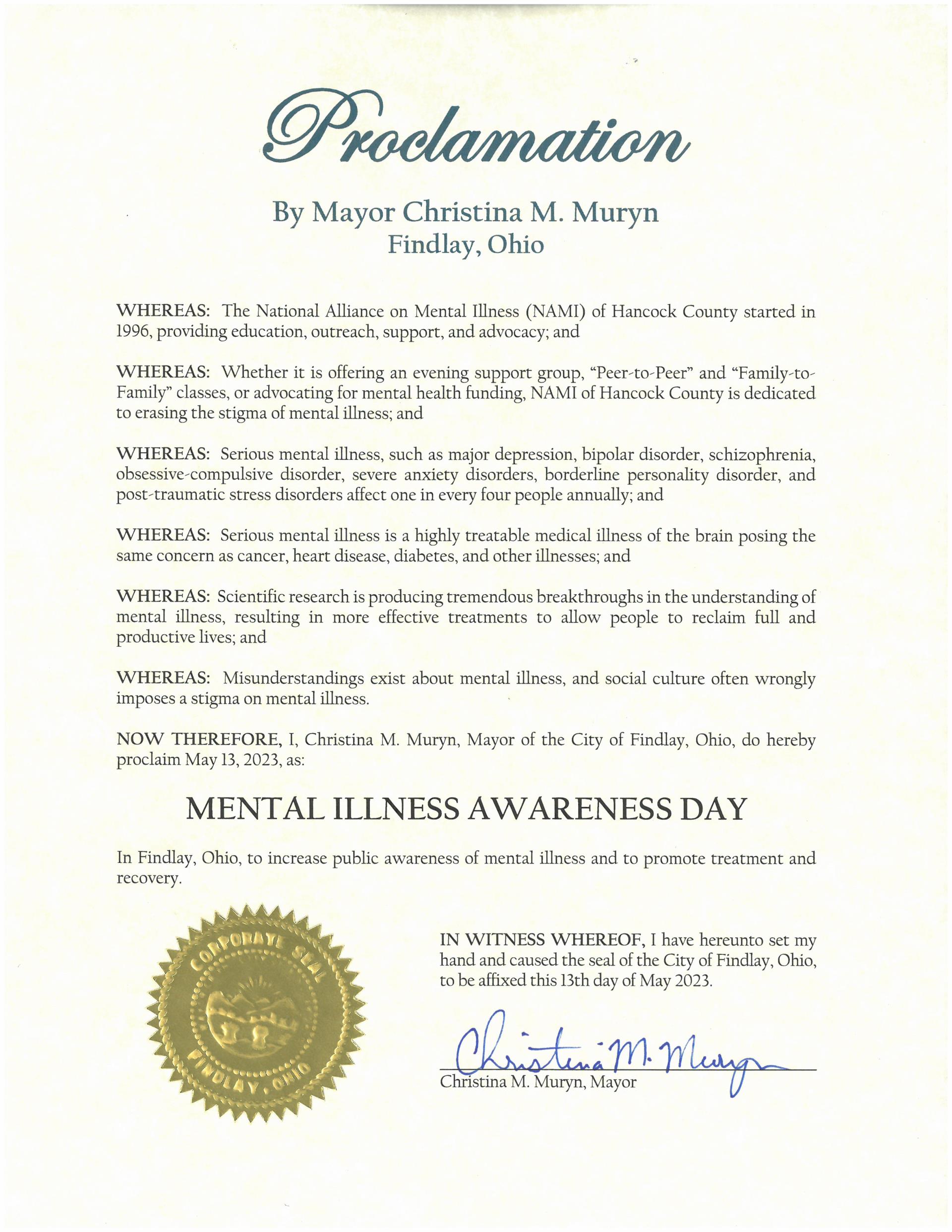 2023.05.13.Mental Illness Awareness Day Proclamation