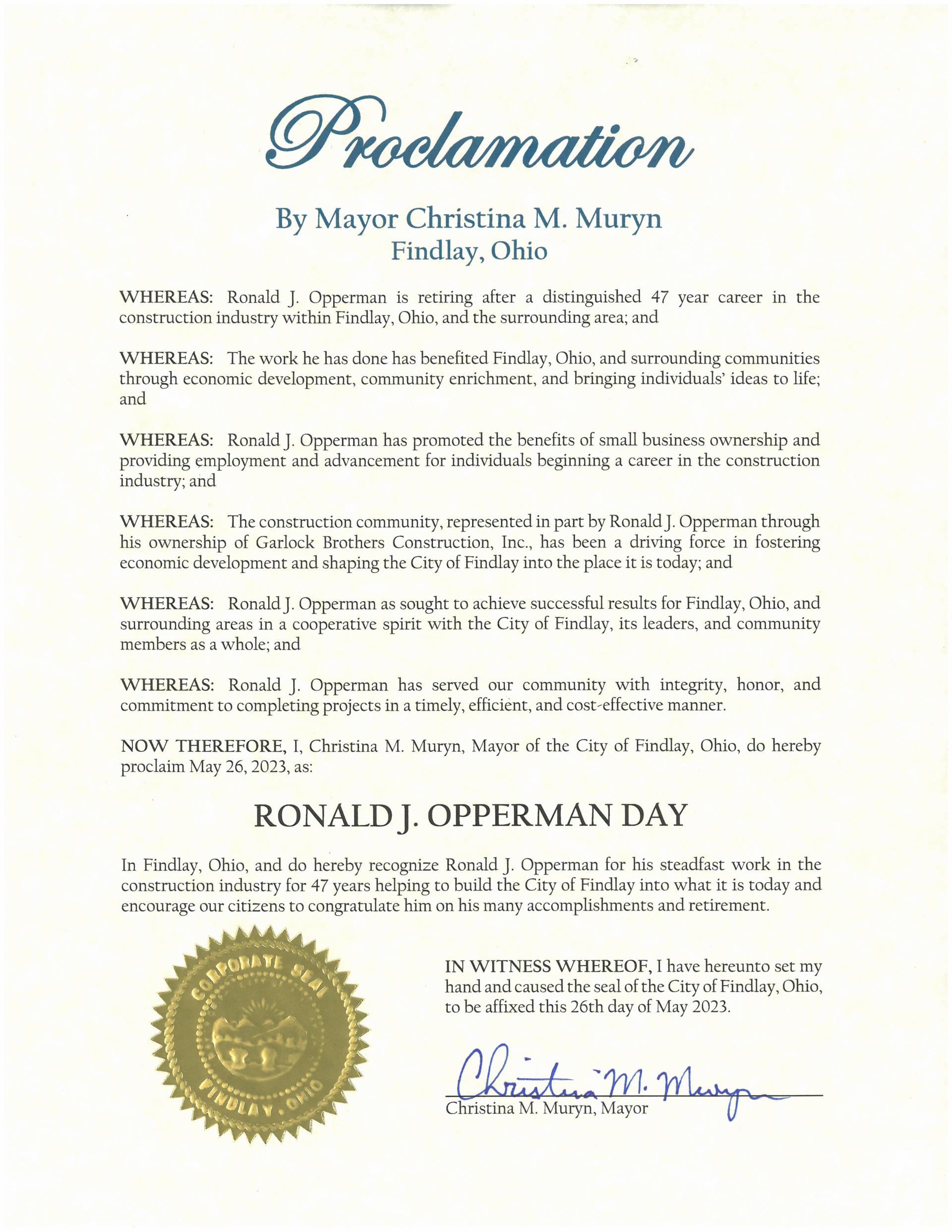 2023.05.26.Ronald J. Opperman Day Proclamation