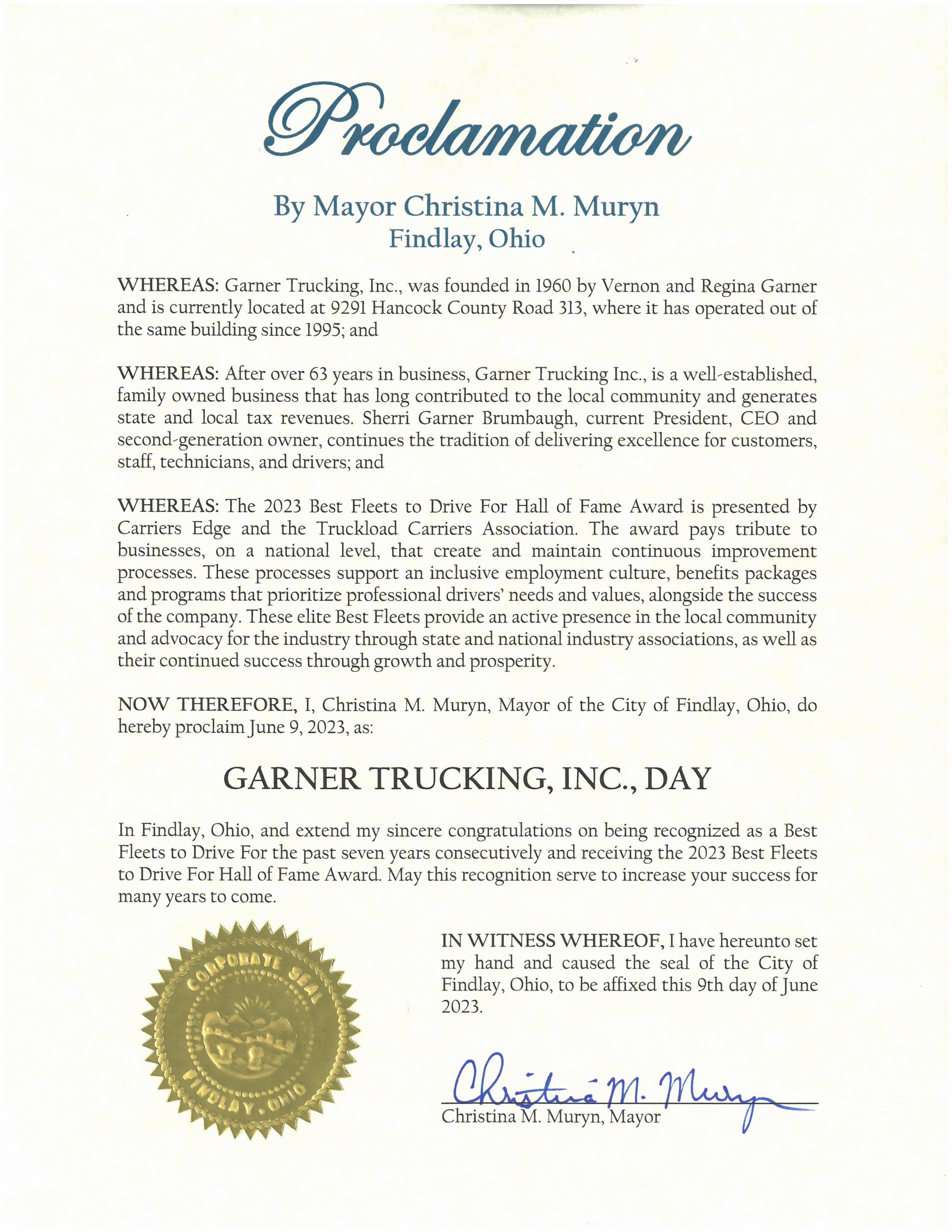 2023.06.09.Garner Trucking Inc Day Proclamation