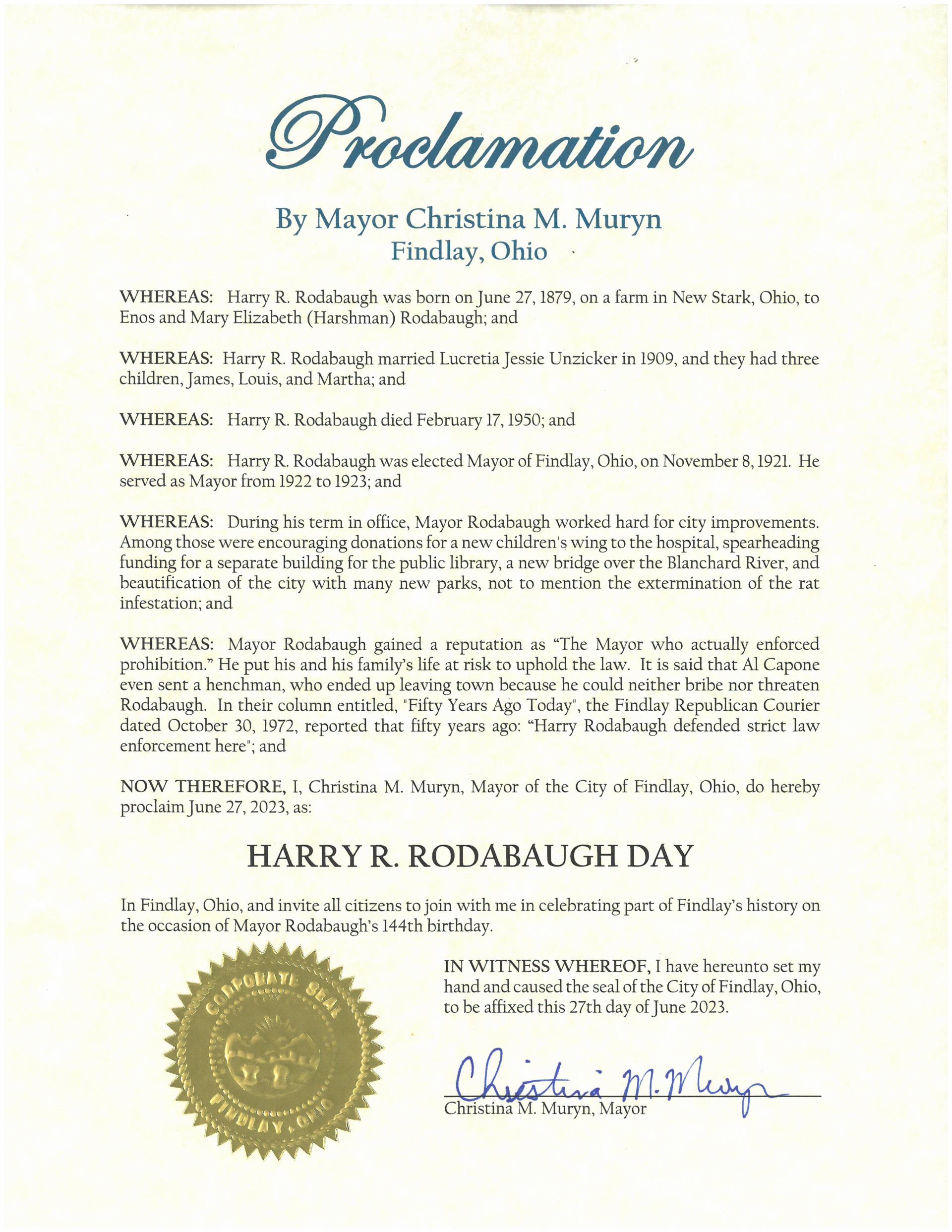 2023.06.27.Harry R Rodabaugh Day Proclamation