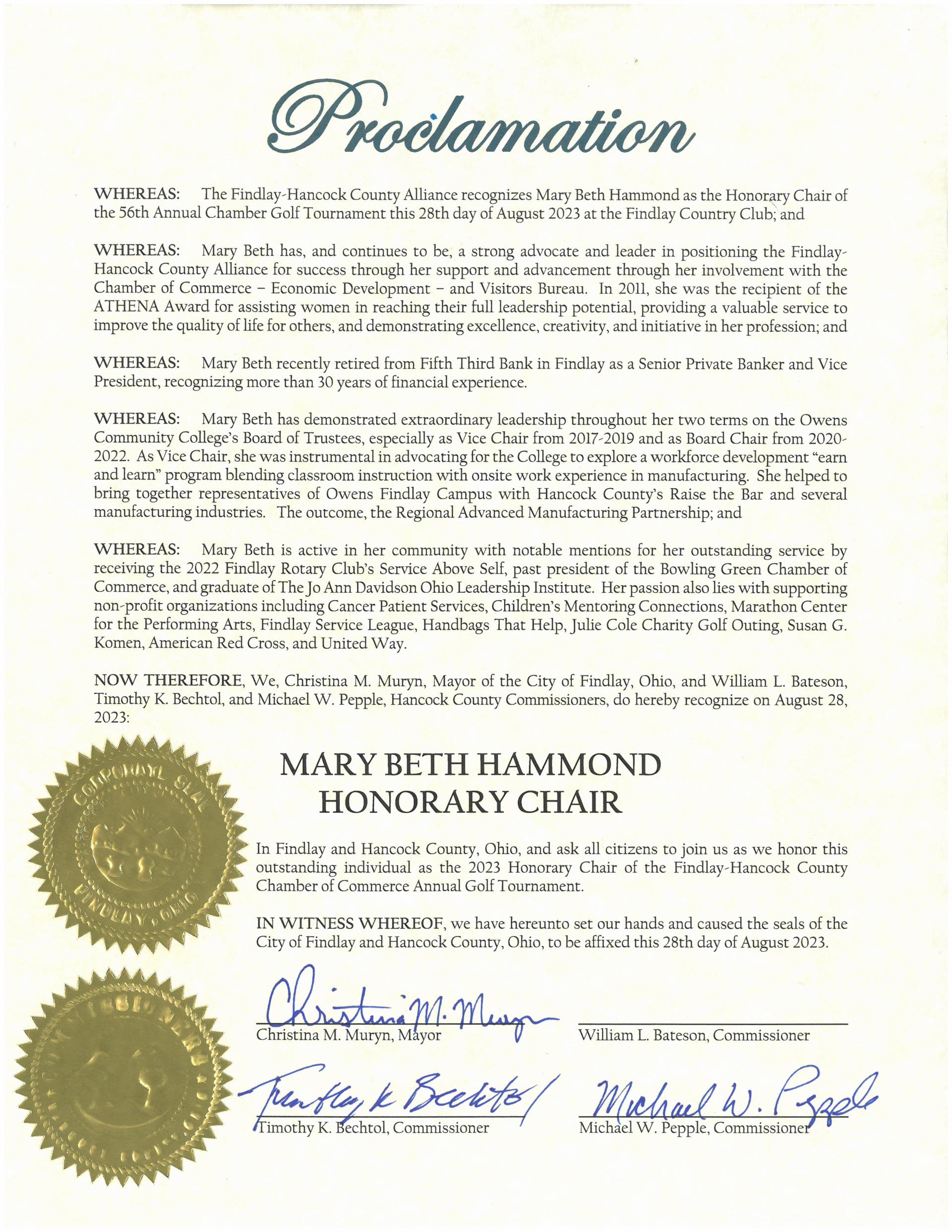 2023.08.28.Chamber Golf Outing 2023.Mary Beth Hammond Proclamation