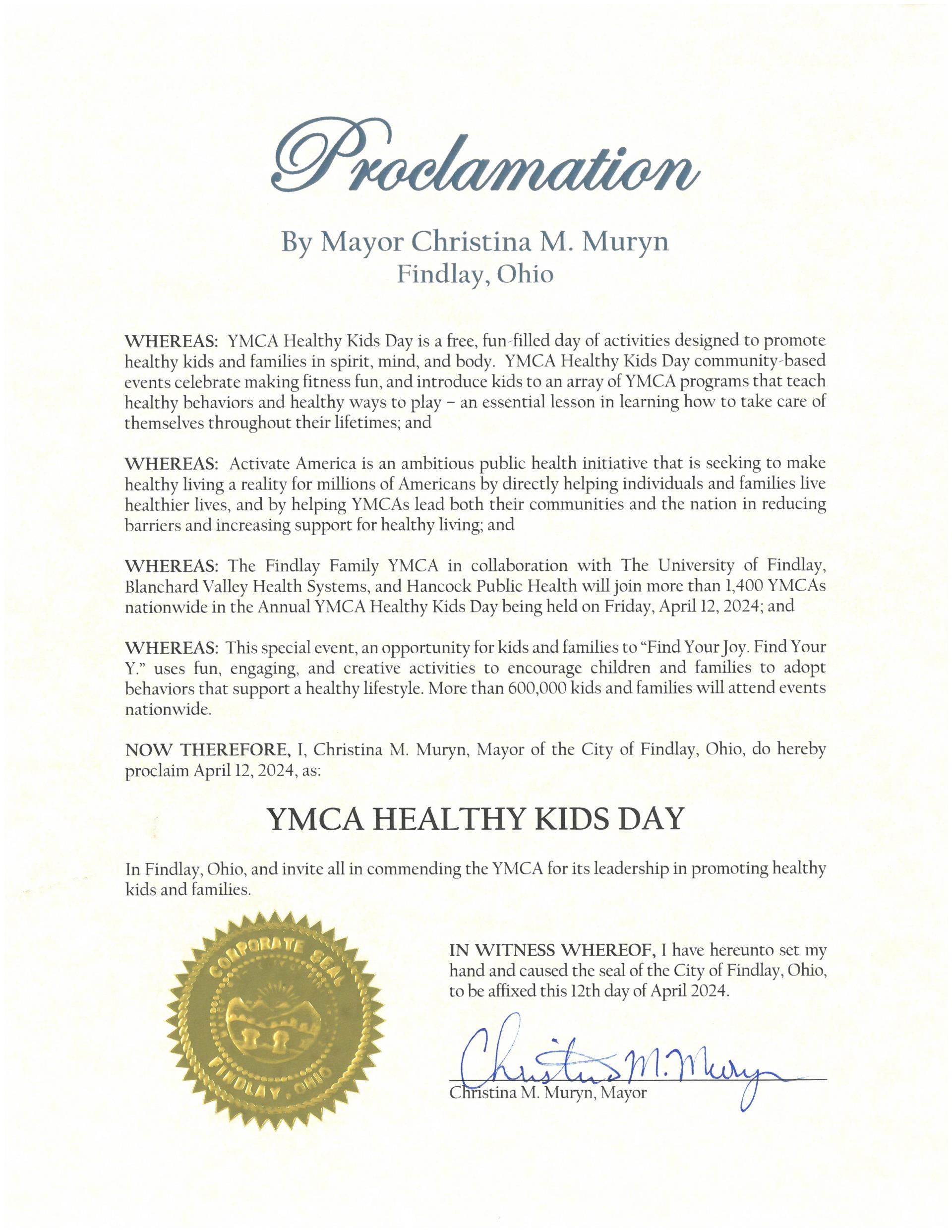 2024.04.12.YMCA Healthy Kids Day Proclamation