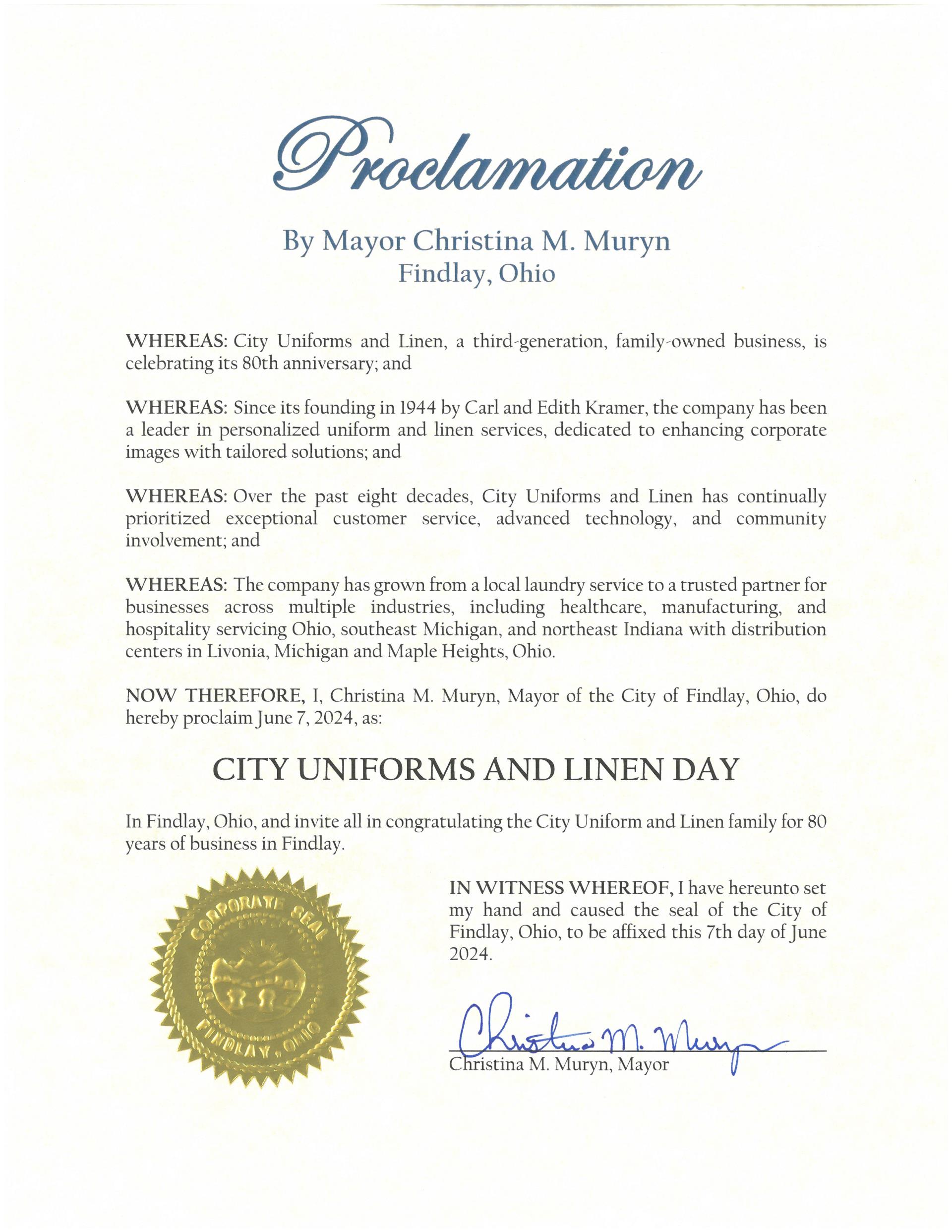 2024.06.07.City Uniform and Linen Day_80th Anniversary Proclamation