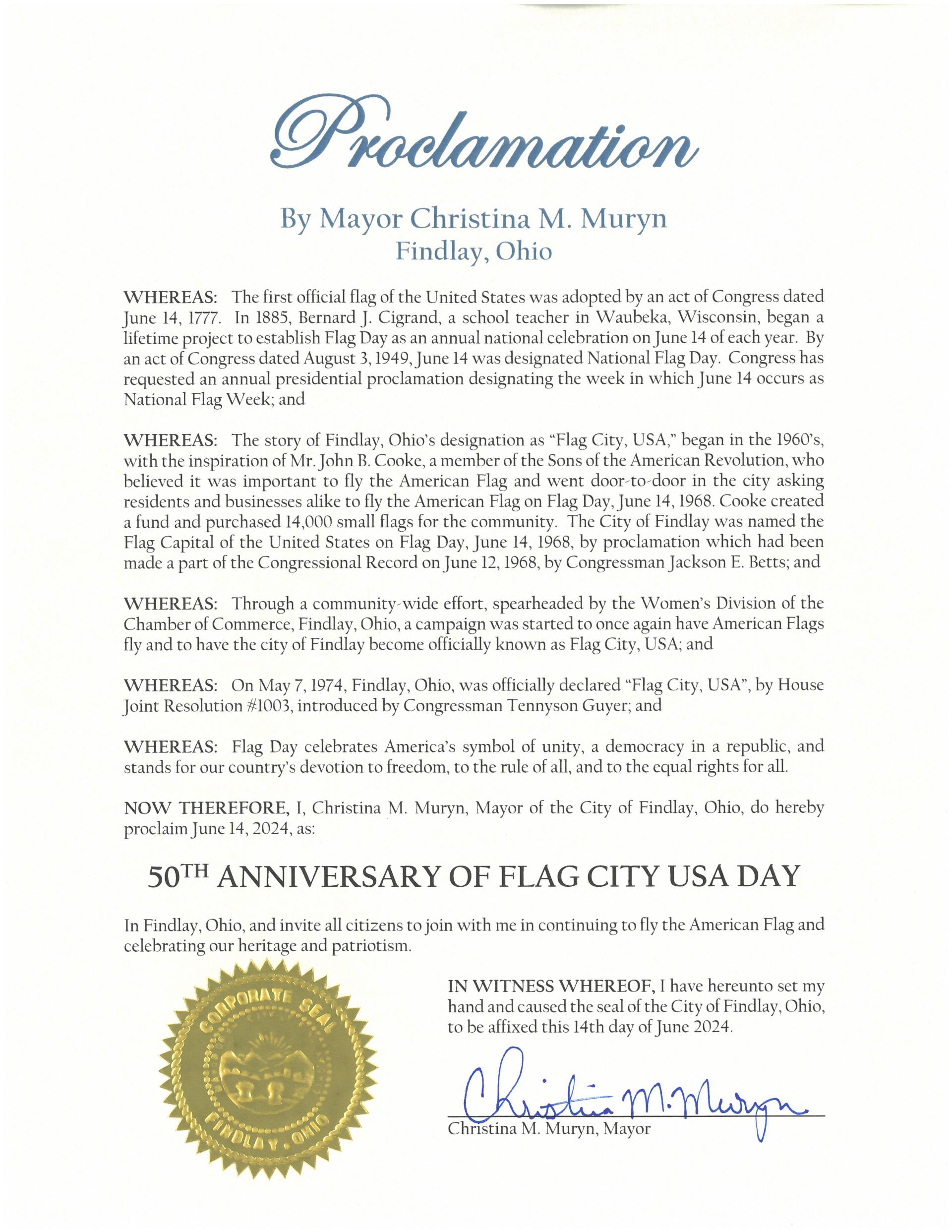 2024.06.14.50th Anniversary of Flag City USA Day Proclamation