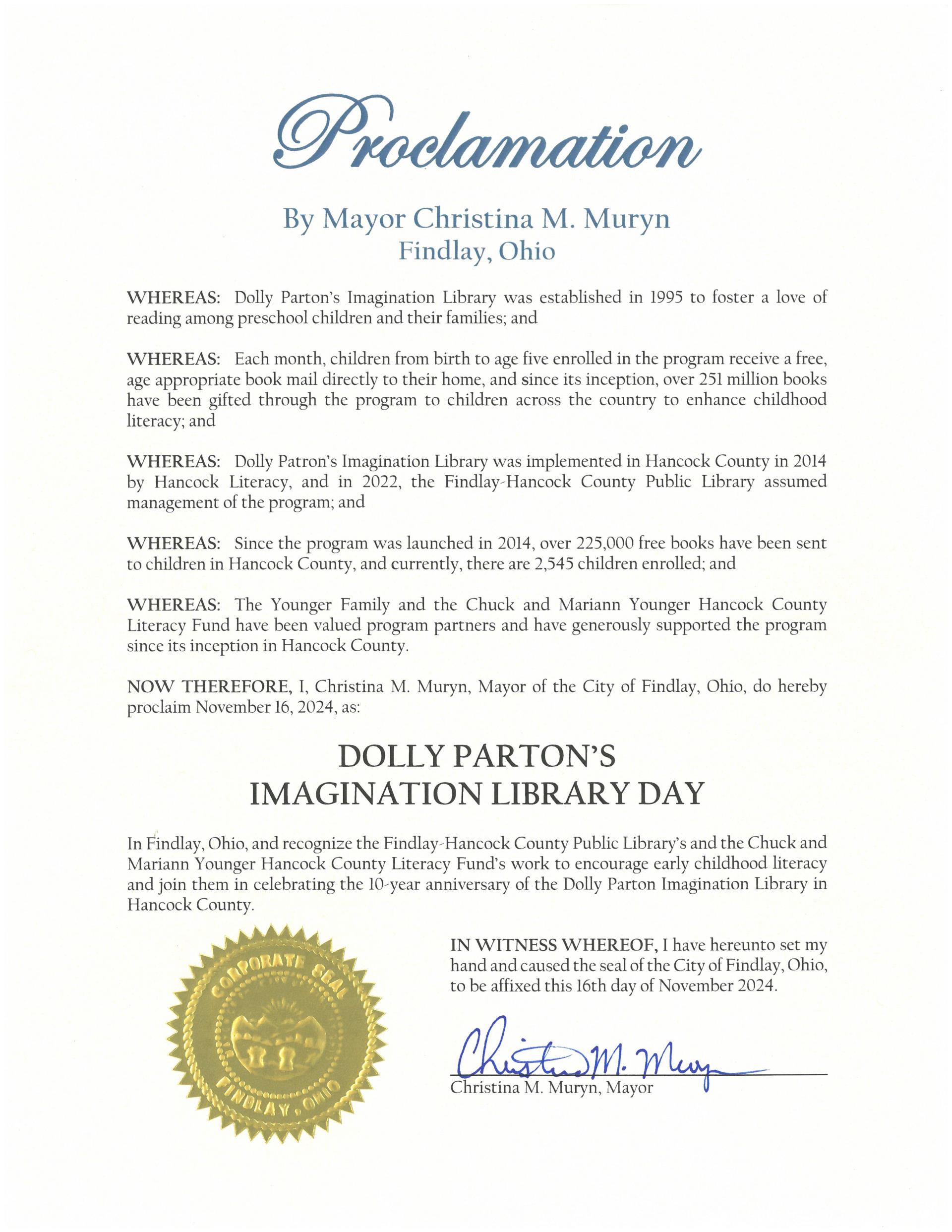 2024.11.16.Dolly Parton's Imagination Library Day Proclamation