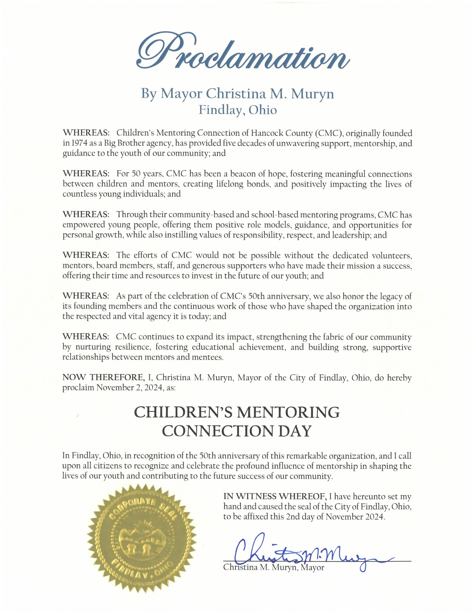 2024.11.02.Children's Mentoring Connection Day Proclamation